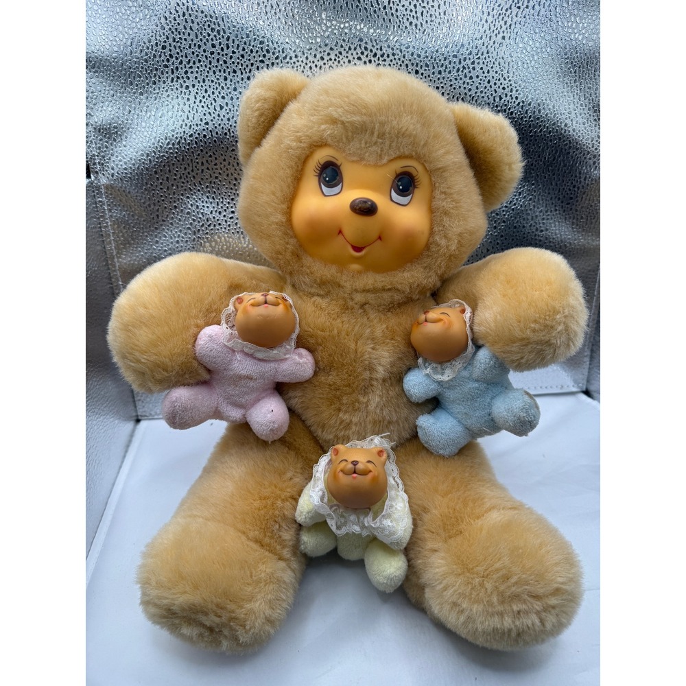 vintage DanDee rubber face "Mom/Mama" teddy bear plush with three‎ cubs